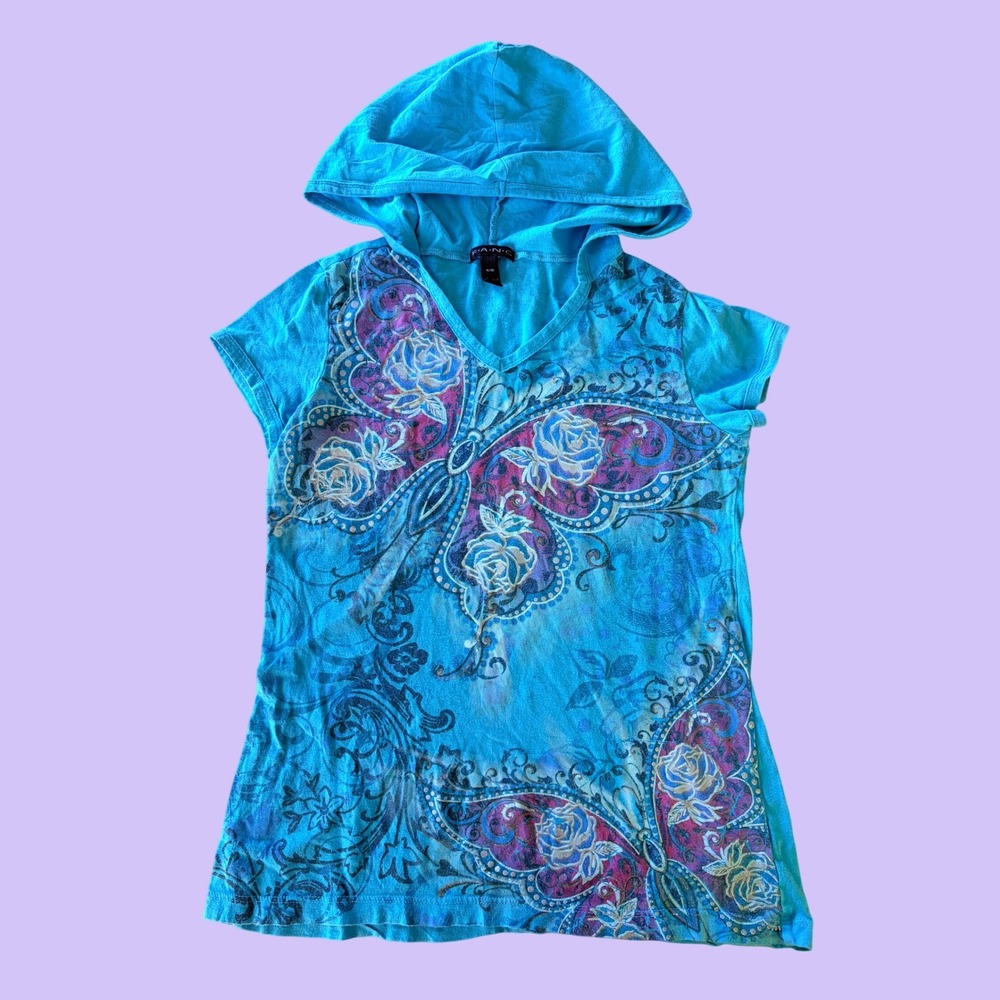 Y2K F.A.N.G. Butterfly Graphic Rhinestone Hooded Short Sleeve Shirt Scene #17